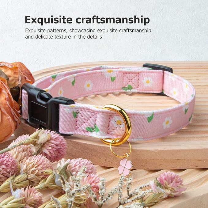 Cotton Handmade Dog Collar Cute and Distinctive Patterns Pink Flower with Pendant for Girl Boy Dogs Collars L