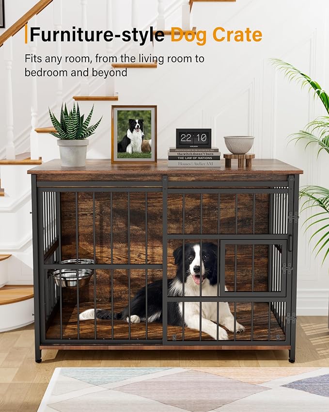 Dog Crate Furniture for Large Dogs: 39 Inch Heavy Duty Chewproof Wooden Kennel Furniture - Dog Cage Table for High Anxiety Dogs- 360° Adjustable Bowls Multi-Lock Sliding Door for Indoor