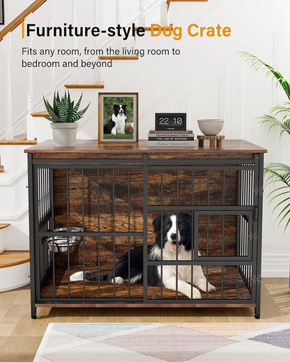 Dog Crate Furniture for Large Dogs: 39 Inch Heavy Duty Chewproof Wooden Kennel Furniture - Dog Cage Table for High Anxiety Dogs- 360° Adjustable Bowls Multi-Lock Sliding Door for Indoor