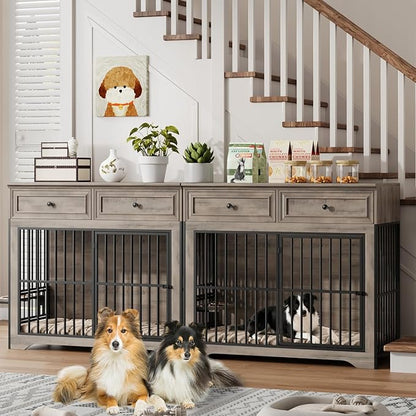 QUW 42" Modern Dog Crate Furniture, Wooden Dog Kennel for Medium to Large with 360°Rotating & 3-Levels Adjustable Height Dogs Bowl Holder, Decorative Dogs cage Pet House Indoor, Grey