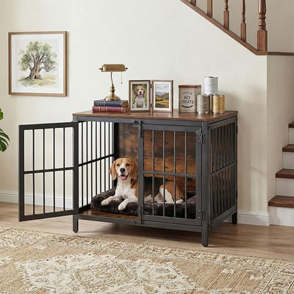 HOOBRO Heavy Duty Dog Crate Furniture, 31.5" Wooden Indoor Kennel with 3 Doors, Chew Resistant Metal Cage for Small and Medium Breeds, Dog Crate Side Table, Black and Rustic Brown BF81GW03