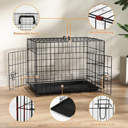 FDW Dog Crate 24-Inch Dog Cage Single Door Foldable Metal Kennel with Leakproof Tray Foldable Design Indoor Outdoor Use for Small Dogs,Dark Black