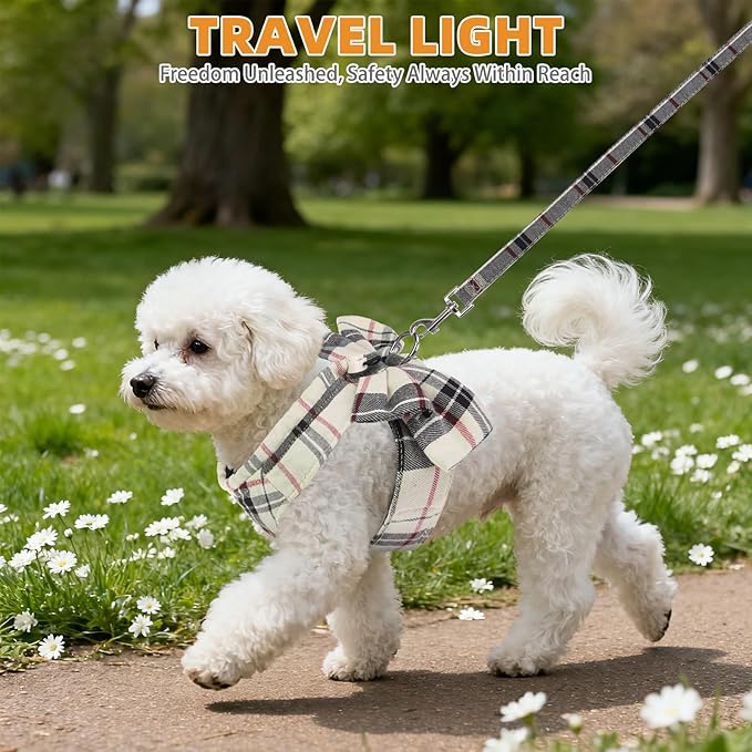KOOLTAIL Small Dog Harness and Leash Set, Cute Puppy Vest Harnesses with Bowtie, Step in No Pull Soft Mesh Padded Adjustable Plaid Pet Harness for Extra-Samll Medium Dogs Cats, Boy Girl, XS-M, Beige S