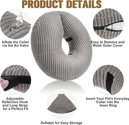 BINGPET Inflatable Dog Cone Collar Alternative After Surgery, Soft Recovery Cone for Dogs to Stop Licking, Blow up Protective Neck Donut ECollars Adjustable for Large Medium Small Puppy Pet, Grey L