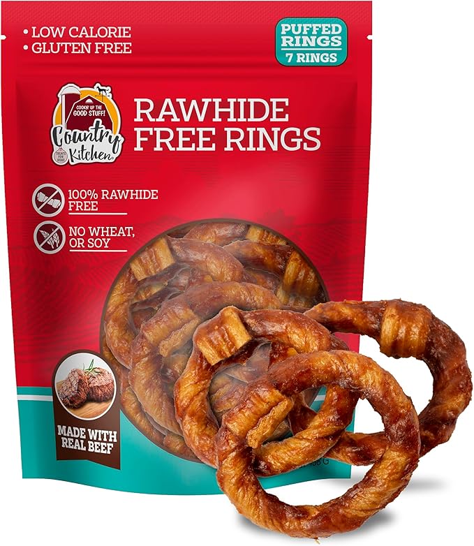 Country Kitchen Rawhide Free Beef Rings Dog Chews, Made with Real Beef, Highly Digestible, Gluten Free, 7 Count