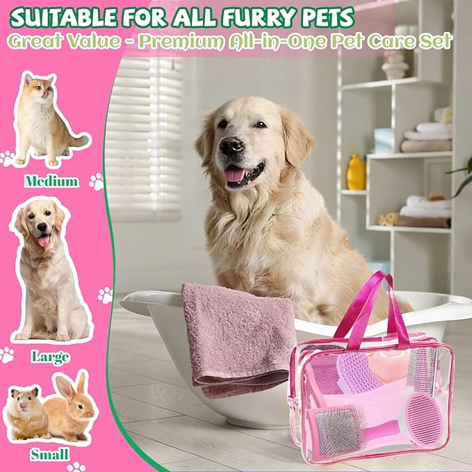 8PCS Dog Slicker Brush for Dogs Grooming Kit,Bath Grooming Kit for Pets,Hair Brush Set with Towel,Washing Gloves,Slicker Comb,and Shampoo Scrubber Brush for Small and Large Dogs and Cats Cats(Pink)
