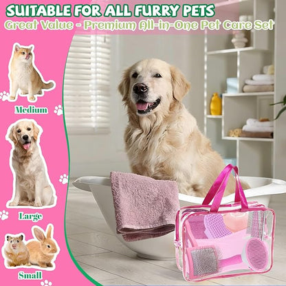 8PCS Dog Slicker Brush for Dogs Grooming Kit,Bath Grooming Kit for Pets,Hair Brush Set with Towel,Washing Gloves,Slicker Comb,and Shampoo Scrubber Brush for Small and Large Dogs and Cats Cats(Pink)