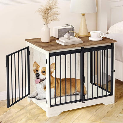Hzuaneri 31.9" Dog Crate Furniture with Barn Door, Heavy Duty Dog Kennel Indoor with 2 Doors, Wooden Pet Cage End Table for Small Medium Dogs up to 44 lb, Anti-Chew Anti-Escape, White Brown DFC83614B