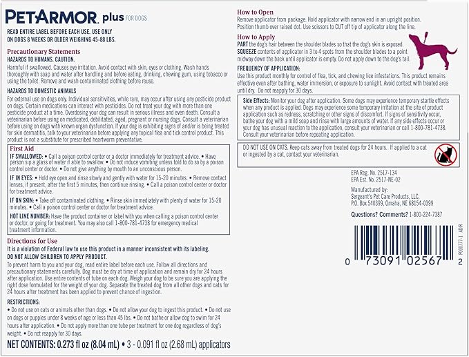 PetArmor Plus Flea and Tick Prevention for Dogs, Large Dog Flea and Tick Treatment, 1 Dose, Waterproof Topical, Fast Acting (45-88 lbs)