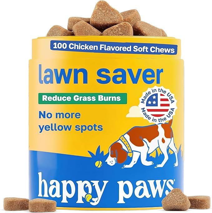 Happy Paws Lawn Saver Supplement, Dog Probiotics to Help Grass Stay Green & Prevent Lawn Burn, Digestive Health Support with Antioxidants & Fiber, Vegan Chicken Flavor, Non GMO, 100 Soft Chews