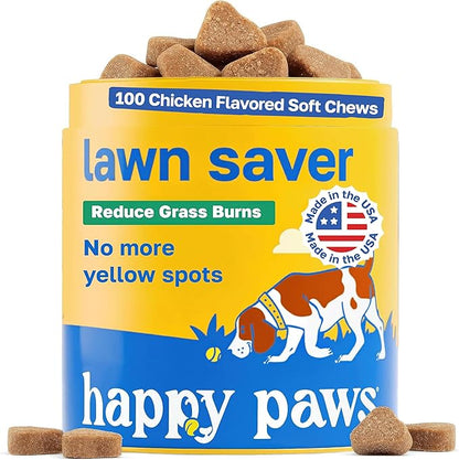 Happy Paws Lawn Saver Supplement, Dog Probiotics to Help Grass Stay Green & Prevent Lawn Burn, Digestive Health Support with Antioxidants & Fiber, Vegan Chicken Flavor, Non GMO, 100 Soft Chews
