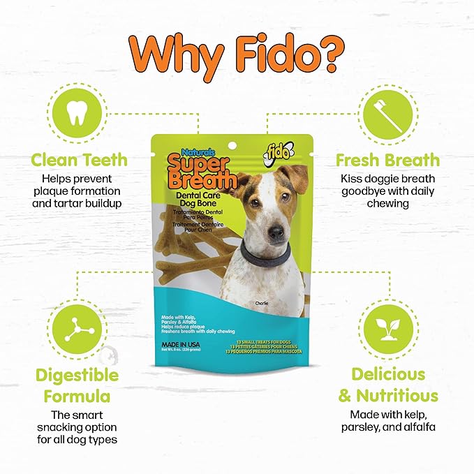 Fido - Super Breath Dental Care Bones for Dogs - 13 Treats Per Pack (3 Pack) - for Small Dogs (Made in USA) - Dog Dental Chews Help Reduce Plaque, Tartar Buildup, and Freshens Breath