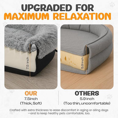 Fluffy Orthopedic Dog Bed for Small & Medium Dogs and Cats, Calming Plush Sofa Bed with Curved Bolster Support and Egg-Crate Foam Base, 35" Cozy Oval Pet Donut Bed with Washable Cover, Gray