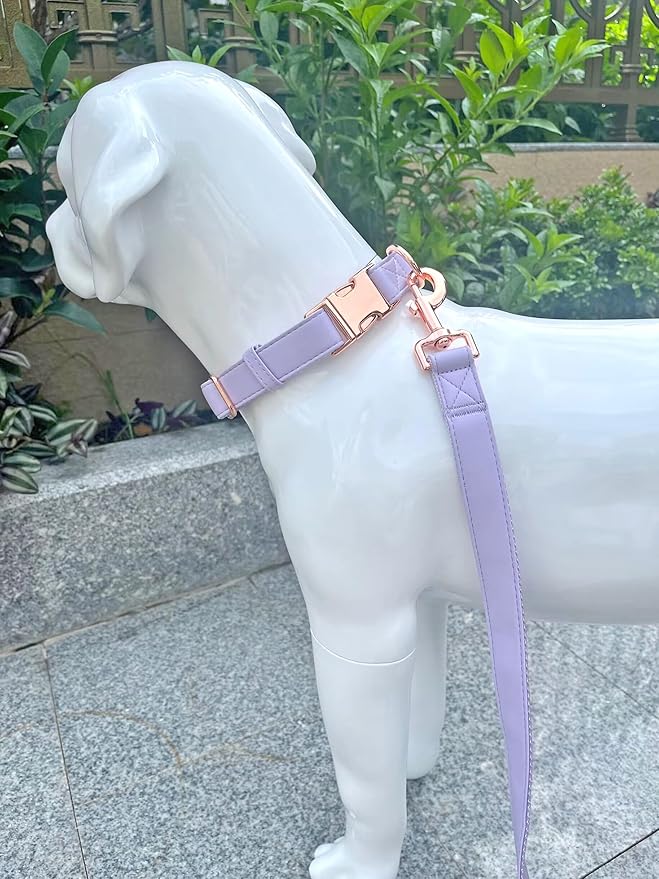 Dog Collar and Leash Set.Soft and Easy to Clean Vegan Leather with Rose Gold Metal Buckle for Small Medium Large Dogs (Light Purple, S(12.2"-16.9"))