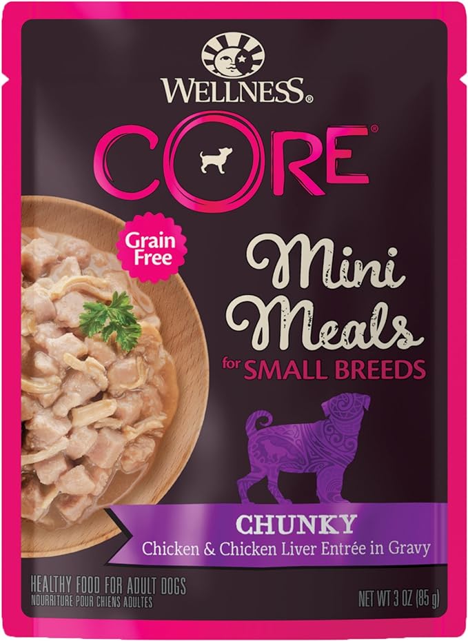 Wellness CORE Small Breed Mini Meals Chunky in Gravy Adult Wet Dog Food, Grain Free, Natural, Chicken Entrée Recipe, 3 oz, Pack of 12 Pouches