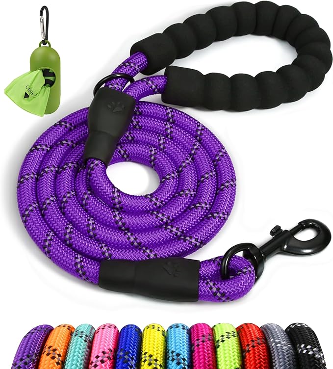 Taglory Rope Dog Leash 5 FT with Comfortable Padded Handle, Highly Reflective Threads Leash and Anti-Tangle Clip for Walking Medium Large Dogs, 1/2 inch, Purple