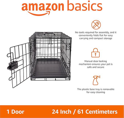 Amazon Basics Portable, Foldable Metal Wire Small Dog Crate with Removable Tray, Divider Panel, Single Door, Easy to Assemble, 24" x 18" x 20", Black