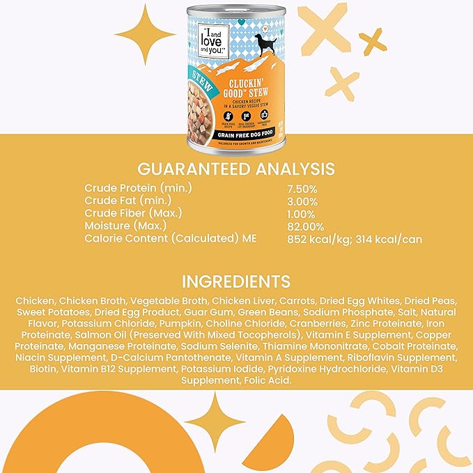 I and Love and You, Wet Dog Food - Cluckin Good Stew - Chicken Recipe, Grain Free, Filler Free 13oz can, 12pk