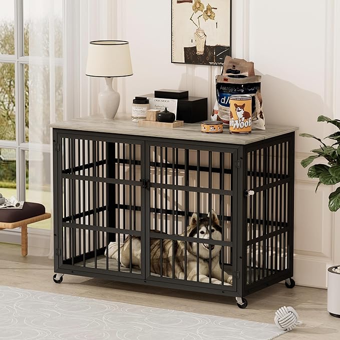 Aoowow Dog Crate Furniture for Small Medium Dogs, 43.3" Dog Kennel Indoor End Table with Side Doors, Iron Heavy Duty Dog Cage with Wheels, Grey