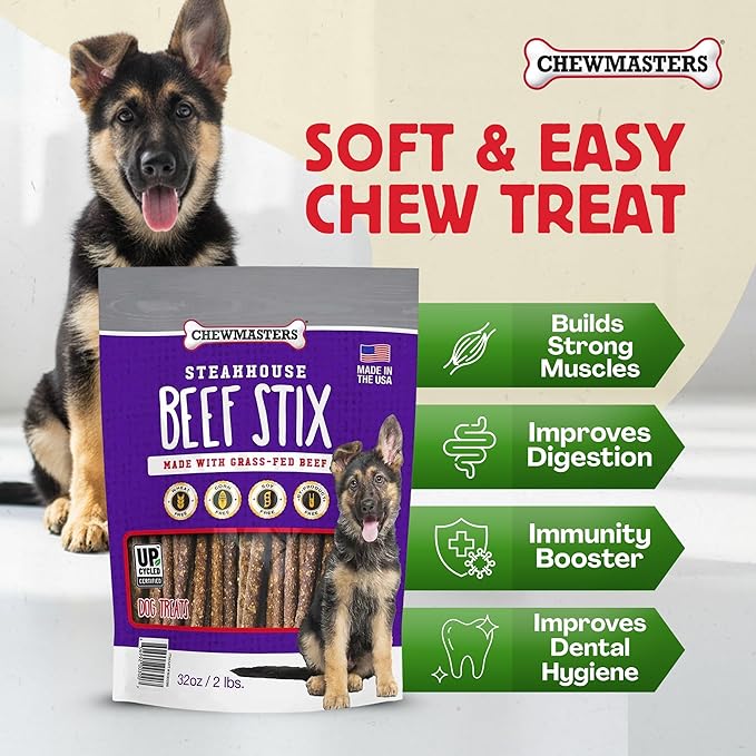 Chewmasters Beef Stix – Grass-Fed, Grain-Free, All-Natural High-Protein Dog Chews for Training & Rewards, Healthy Treats for All Breeds, Made in USA, 2lb Bag
