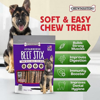 Chewmasters Beef Stix – Grass-Fed, Grain-Free, All-Natural High-Protein Dog Chews for Training & Rewards, Healthy Treats for All Breeds, Made in USA, 2lb Bag