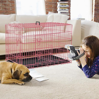 Dog Crate, Folding Portable Outdoor Large Two Door Metal Cat Dog Cage with ABS Tray LC Panel Floor Protecting Feet Wire Animal Pet Dog Kennel with Divider