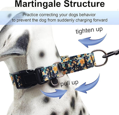 Reflective Martingale Dog Collar with Buckle Soft Nylon Floral No Slip Dog Collars for Small Dogs (Black Orange Flowers, S)