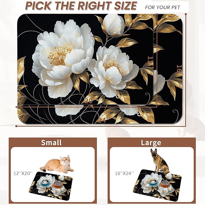 White Flowers Pet Feeding Mat,Glitter BloomingAbsorbent Quick-Dry Cat Dog Food and Water Bowl Mats,Non-Slip Rubber Backing Mat,Cat Dog Accessories Supplies 16"x24"