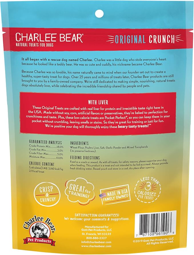 Charlee Bear Original Crunch Dog Treats, Chicken Liver, 16 Ounce Resealable Bag, Low Calorie Training Treats for Dogs, Limited Ingredient, Healthy, Crunchy Dog Snacks, Made in USA (Pack of 2)