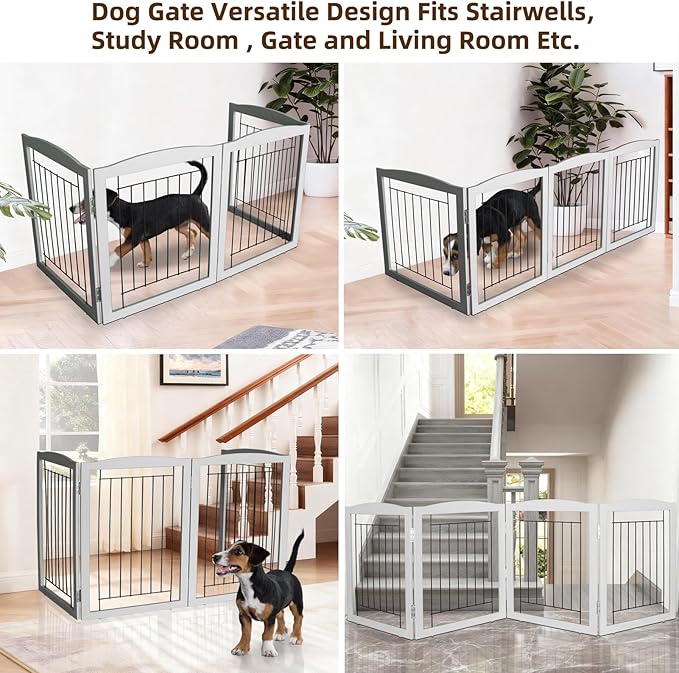 ZJSF Freestanding Foldable Dog Gate for House Extra Wide Wooden Grey Puppy Gate Stairs Dog Gates Doorways Tall Pet Gate 24" Height 4 Panels Pet Fence