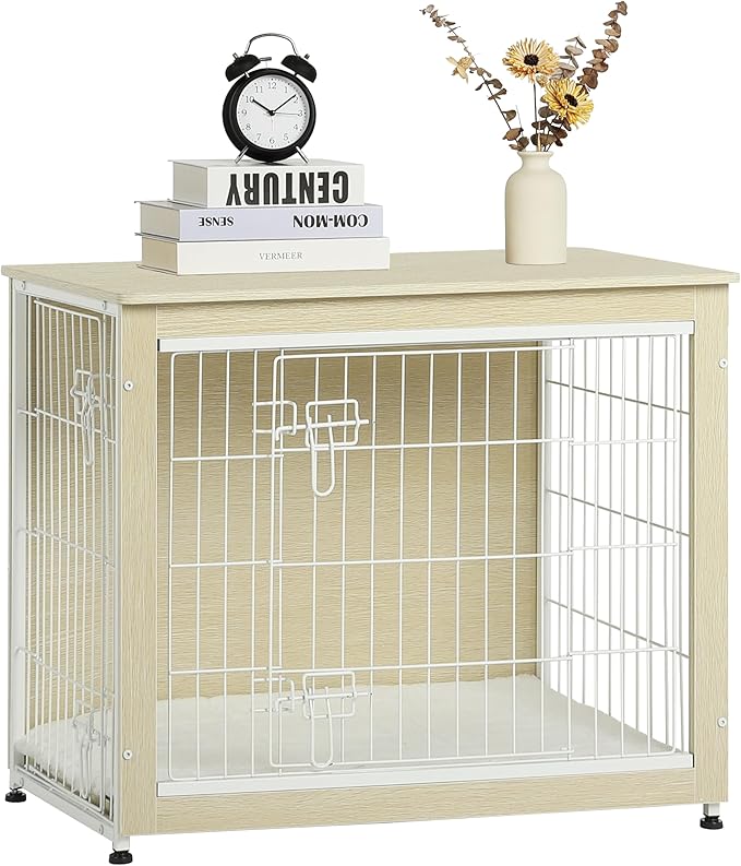 DWANTON Dog Crate Furniture with Cushion, Wooden Kennel Table with Double Doors, Indoor Dog House, Medium Size, 32.5" L, White Oak