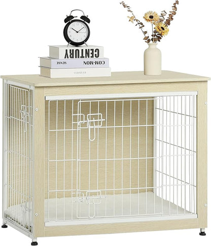 DWANTON Dog Crate Furniture with Cushion, Wooden Kennel Table with Double Doors, Indoor Dog House, Medium Size, 32.5" L, White Oak