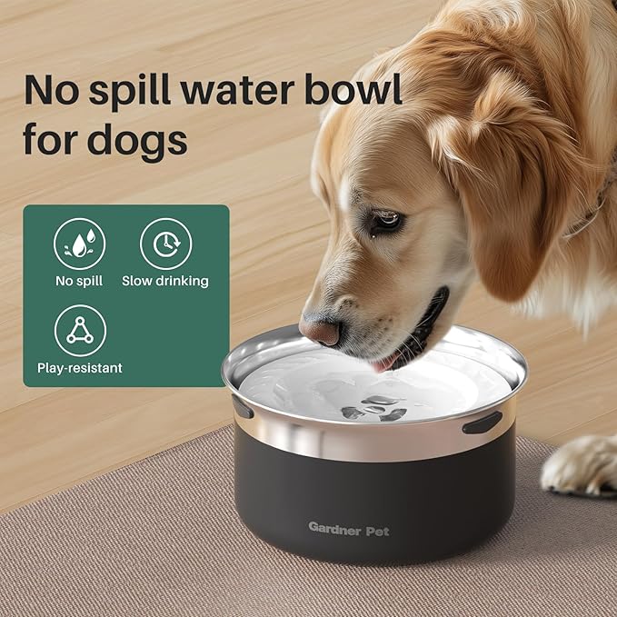 Gardner Pet Dog Bowls 1 Gallon (3.85L) Stainless Steel No Spill Water Bowl, Slow Water Feeder Metal Dog Bowls, Spill Proof Water Dispenser for Large Dogs, Promotes Healthy Hydration(Black)