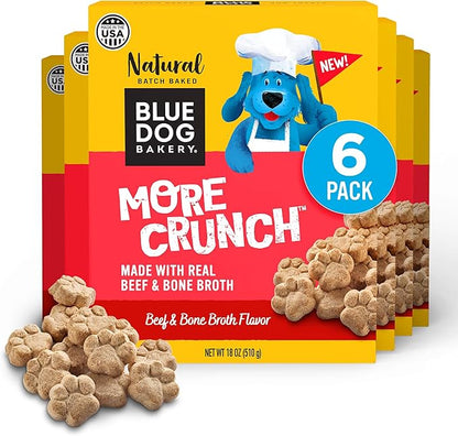Blue Dog Bakery More Crunch Medium Beef & Bone Broth Dog Treats, Dog Biscuits for Large Breeds, Healthy Treats, All Natural, 18 oz (Pack of 6)