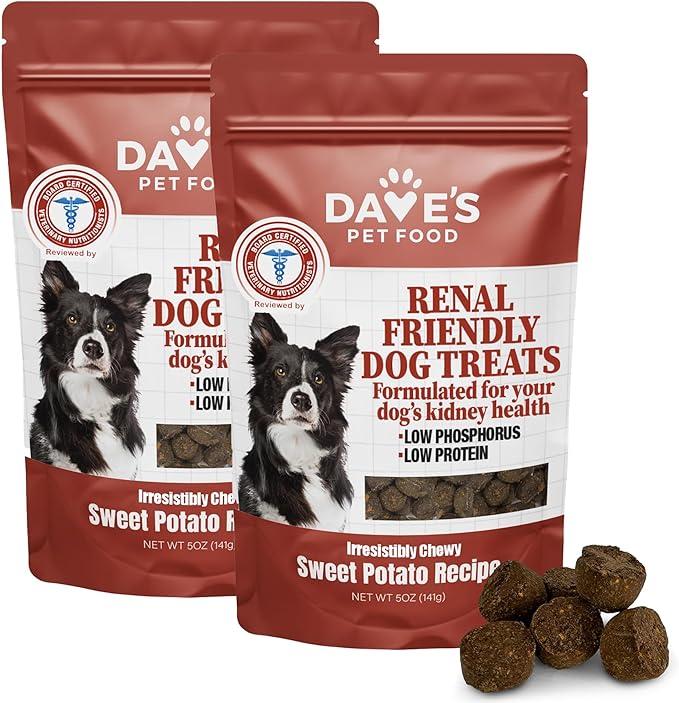 Dave's Pet Food Kidney Dog Treat for Renal Diet, Semi-Moist Sweet Potato Treats, Low Phosphorus Chewy Treats, Kidney Support for Dogs, Complements Friendly Dog Food (2 Pack)