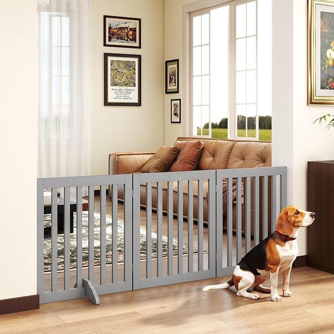 PUPETPO 24”H Freestanding Wooden Pet Gate, Dog Gate for Stairs, Doorways, and Hallways, Step Over Foldable Pet Fence for Indoor Use, Support Feet Included, 60 inch Wide 3 Panels, Grey