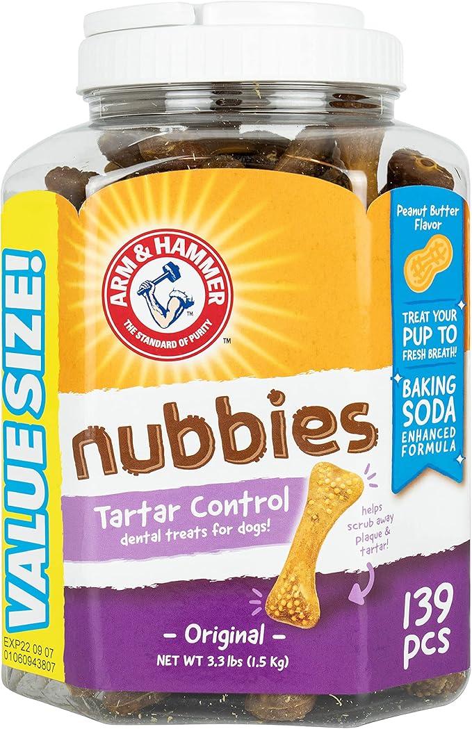 Arm & Hammer for Pets Nubbies Dental Treats Value Size - Baking Soda & Calcium Dog Dental Chews, Helps Scrub Plaque & Tartar While Chewing, Peanut Butter Flavor, 139 Count, 52.8 Oz - 6 Pack
