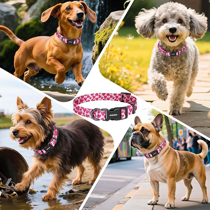 Kazazoo Dog Collar Cute and Soft Nylon Puppy Collar Girl, Adjustable Dog Collars for Small Medium Dogs, Hot Pink Heart-XS