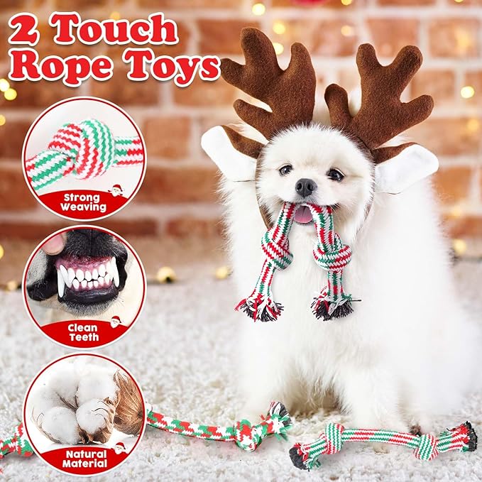 LOYEE Christmas Dog Toys 8 Pack - Santa Squeaky Plush Chew for Puppy, Durable Interactive Rope for Teething, Treating Ball and Bone Rubber for Small Dogs