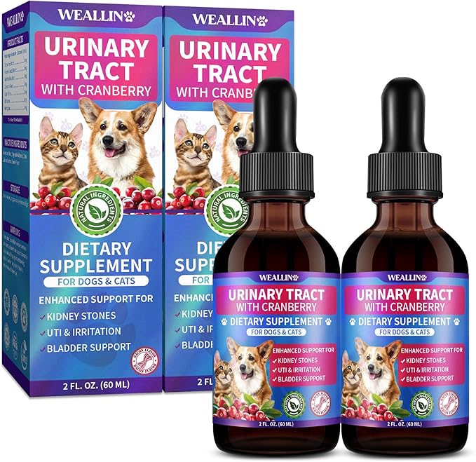 WEALLIN 2 Pack – Cat & Dog Natural Urinary Tract Infection Treatment with Cranberry, Kidney, and Bladder Support Supplement, Support for Urinary Comfort & Bladder Flow – Pet Renal Care Support Drops