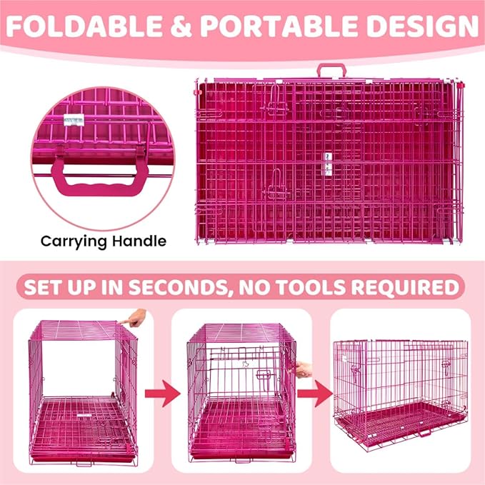 HOMEY PET 36 Inch Dog Crate, Cute Pink Dog Cage Collapsible Medium Dog Kennel Indoor, Nano-Coated Metal Wire Dog Crate with Removable Floor Grid Tray, Double Doors Dual Locks, Portable Handle