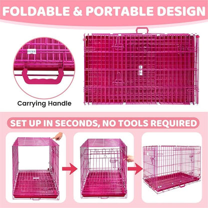 HOMEY PET 36 Inch Dog Crate, Cute Pink Dog Cage Collapsible Medium Dog Kennel Indoor, Nano-Coated Metal Wire Dog Crate with Removable Floor Grid Tray, Double Doors Dual Locks, Portable Handle