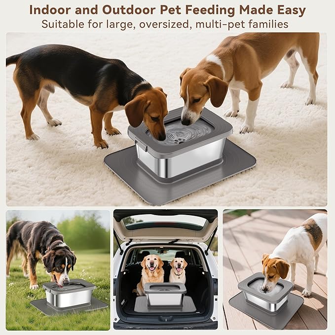 10L No Spill Dog Water Bowl, 2.6 Gal Stainless Steel No Splash Large Dog Water Bowl with Non-Slip Silicone Mat, Spill Proof Slow Drinking Pet Bowls for Messy Drinkers Indoor/Outdoor Use Gray