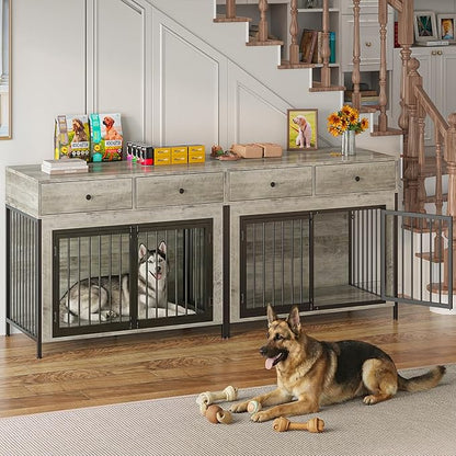 PUKAMI 44inch Large Dog Crate Furniture with Drawers, Wooden Dog Kennel Furniture for Indoor use, Grey End Table Dog House, for Small/Medium/Large Dog, 2-Pack Set