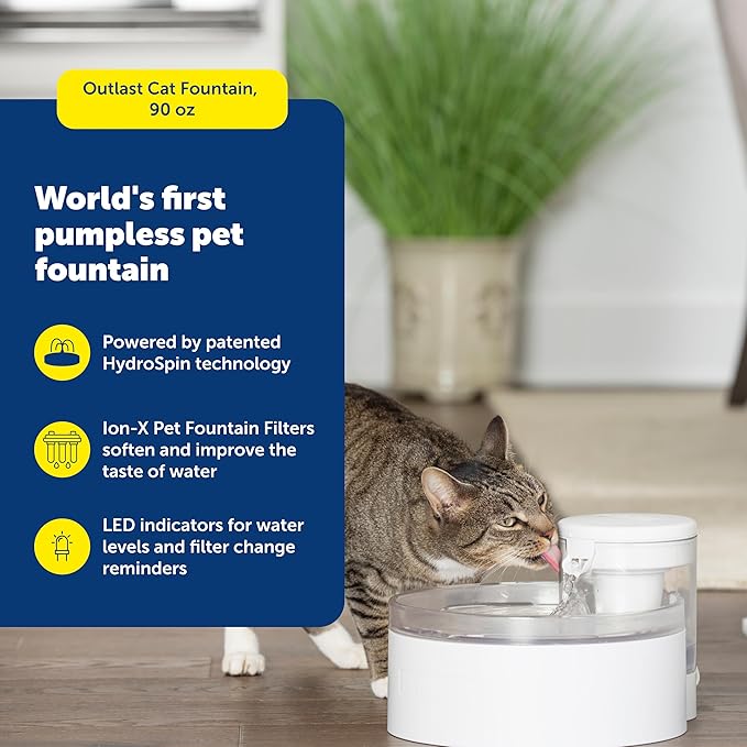 PetSafe Outlast Cat Fountain - Pumpless Water Fountain - HydroSpin Continuous Water Flow - Dual Ion-X Filtration - Dishwasher Safe - Smart Sensor Fountain - 90 oz