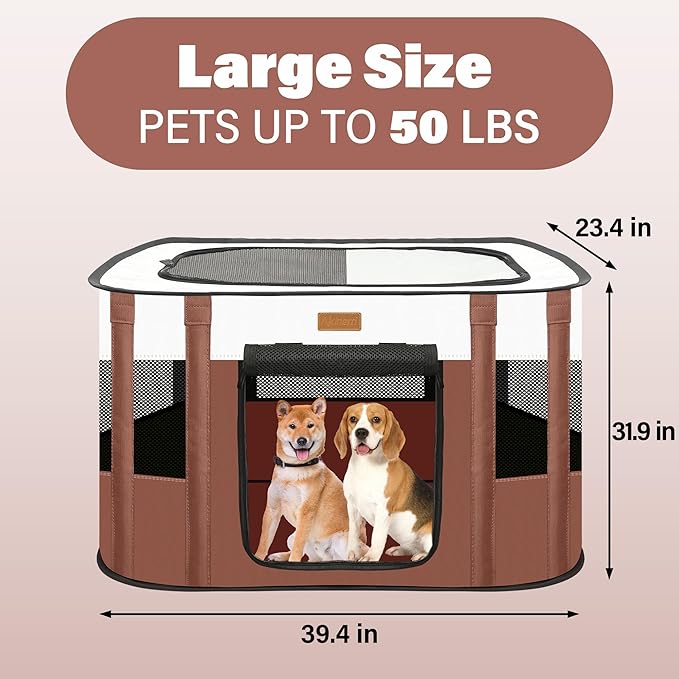 Dog Playpen - Foldable Cat Play Pens for Pubby,Kitten, Rabbit,Portable Pet Tent with Carring Bag for Indoor/Outdoor Travel Camping (Brown-Large)