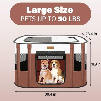 Dog Playpen - Foldable Cat Play Pens for Pubby,Kitten, Rabbit,Portable Pet Tent with Carring Bag for Indoor/Outdoor Travel Camping (Brown-Large)