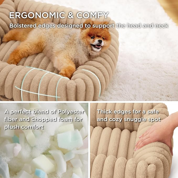 Bedsure ComfyFleece™ Cute Dog Bed for Small Dogs & Cats - Washable Furry Puppy Beds, Rectangle Orthopedic Corduroy Fleece Pet Beds with Removable Zipper Cover, 20x19x6inches, Sandy Beige