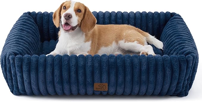 Bedsure ComfyFleece™ Cute Dog Beds Large Sized Dog - Washable Furry Pet Beds, Rectangle Orthopedic Corduroy Fleece Puppy Beds with Removable Zipper Cover, 36x27x8 inches,Night Blue