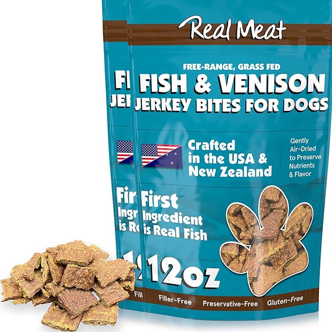 TRMC Real Meat Dog Treats - Two 12oz Bag of Bite-Sized Air-Dried Fish & Venison Jerky for Dogs - Grain-Free Jerky Dog Treats Made up of 95% All-Natural, Free-Range Venison & Ocean-Caught Fish